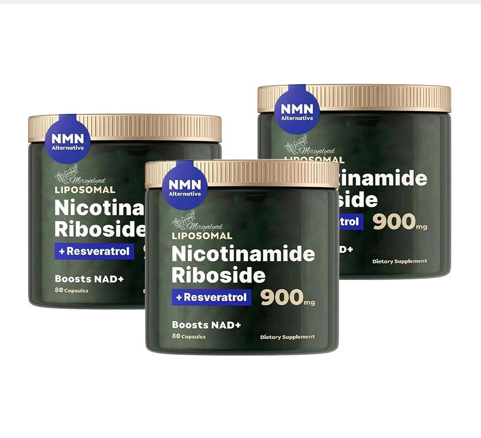 Three liposomal Nicotinamide Riboside supplement jars with beige caps