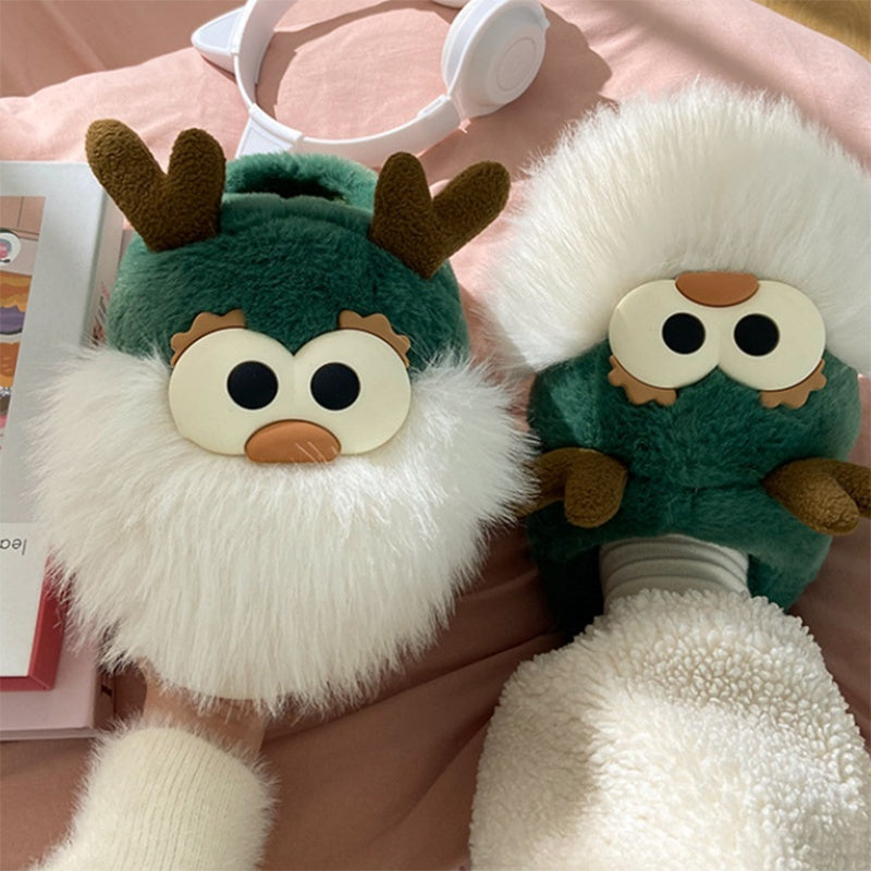 Cute Cartoon Christmas Deer Cotton Winter Slippers Half-covered Heel Plush Shoes