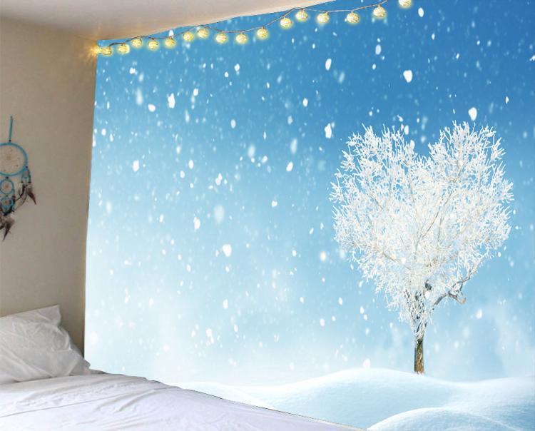 Christmas tree tapestry with blue snowy background and white frosted tree silhouette