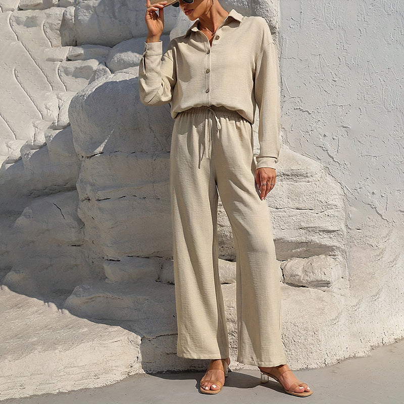 Women's Solid Color Lapel Long Sleeve Pants Set - Button-Up Casual Two-Piece Outfit With Drawstring Waist Lounge Wear