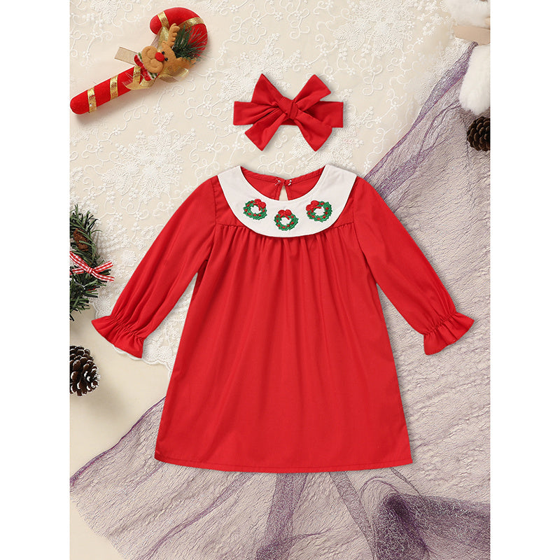 Toddler Kids Baby Girls Christmas Dress Wreath Embroidered Party Dresses With Headband