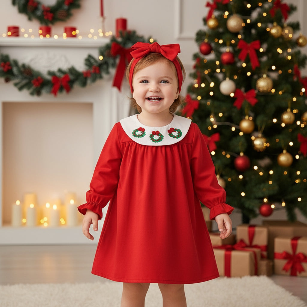 Toddler Kids Baby Girls Christmas Dress Wreath Embroidered Party Dresses With Headband