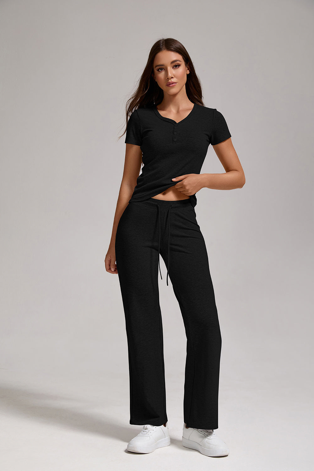 Women's Casual Two-piece Set With V-neck Button, Short Sleeved, Low Waisted Flared Pants, Sportswear