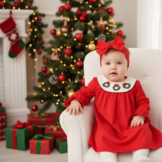 Toddler Kids Baby Girls Christmas Dress Wreath Embroidered Party Dresses With Headband