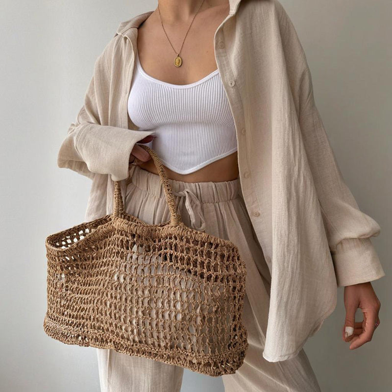 Women's Solid Color Lapel Collar Long Sleeve Shirt & High-Waist Pants Set - Casual Loose Fit