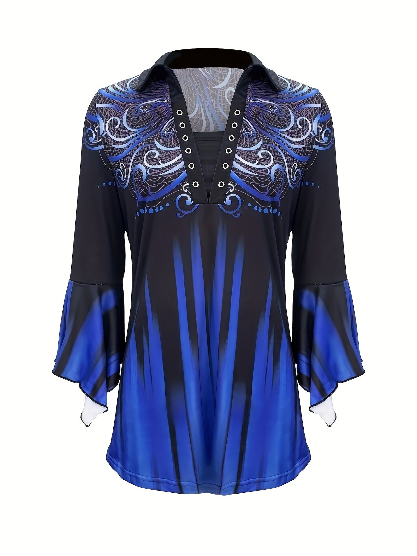 New Printed Lapel Blue Three-quarter Sleeve T-shirt Irregular Cuff Button Top