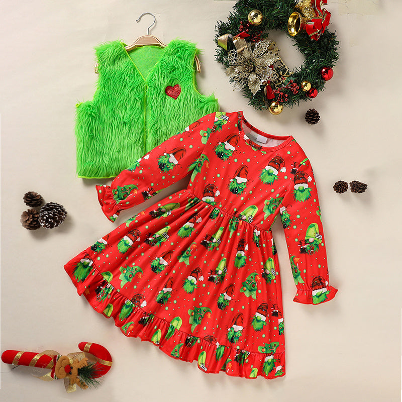 Toddler Kids Baby Girl Christmas Outfits, Long Sleeves Cartoon Prints Party Dress With Heart Print Vest Coat Set