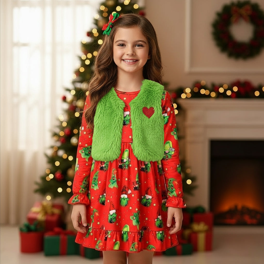Toddler Kids Baby Girl Christmas Outfits, Long Sleeves Cartoon Prints Party Dress With Heart Print Vest Coat Set