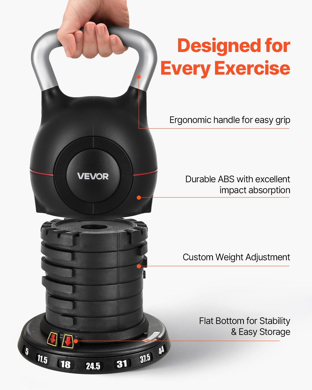 Black adjustable kettlebell held by ergonomic handle; stacked weight plates visible