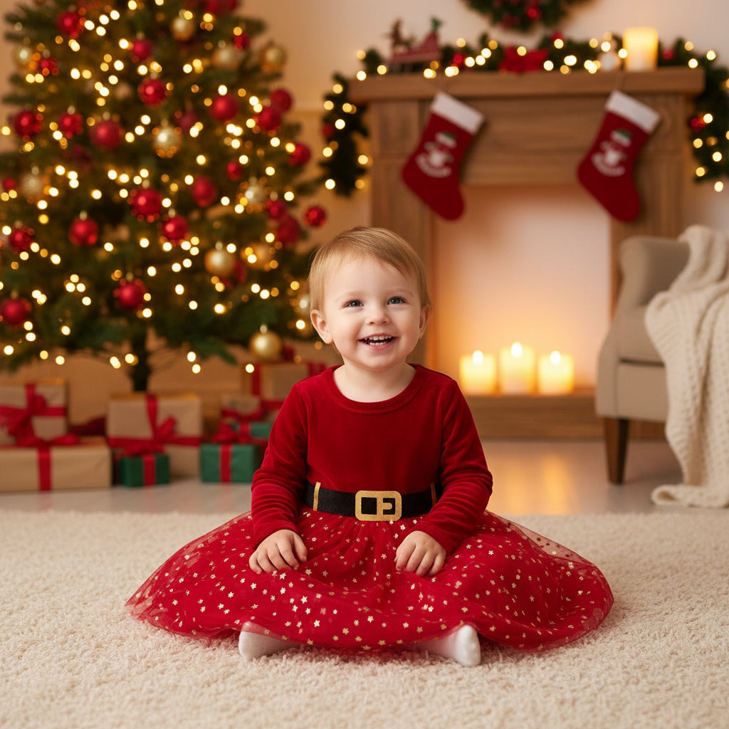 Christmas Children's Autumn Red Silver Fox Velvet Long Sleeve Mesh Princess Dress
