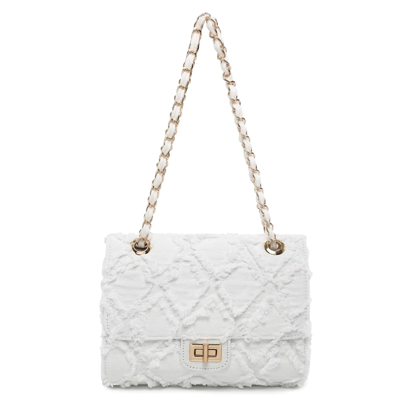 White quilted denim crossbody bag with gold chain straps and front clasp