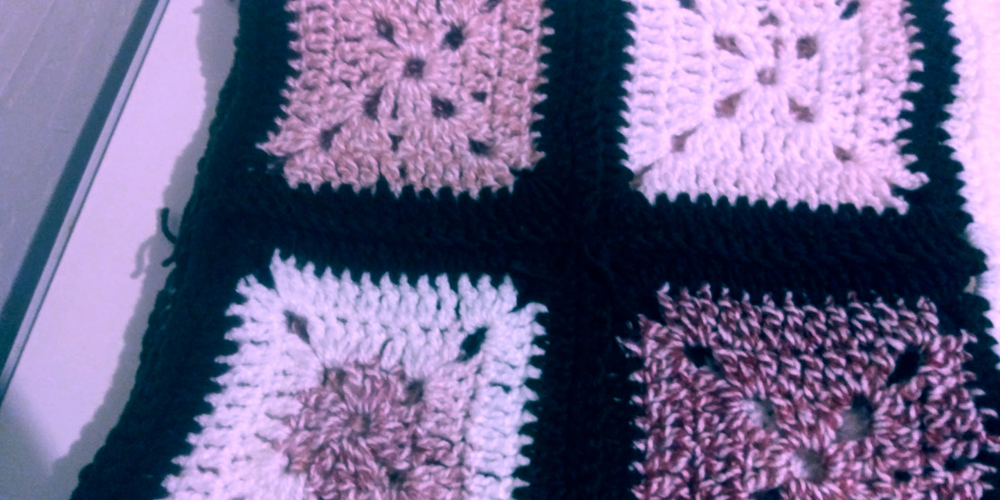 Handmade Granny Square hand crochet of Browns, Whites, mix light Tans, Dark Brown and White Border Baby Blanket
