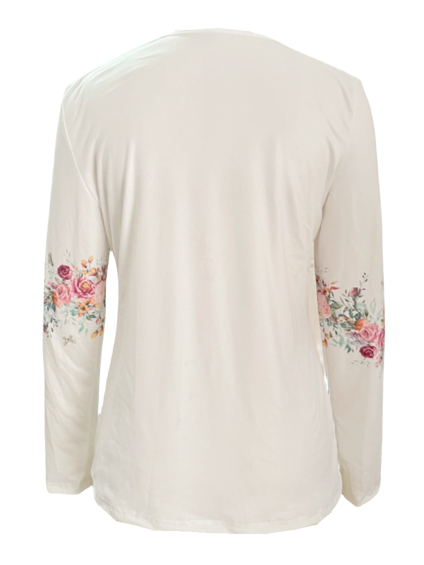 New Style White Buttoned Rose Print Long Sleeve T-shirt Casual Top
