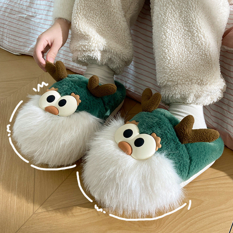 Cute Cartoon Christmas Deer Cotton Winter Slippers Half-covered Heel Plush Shoes