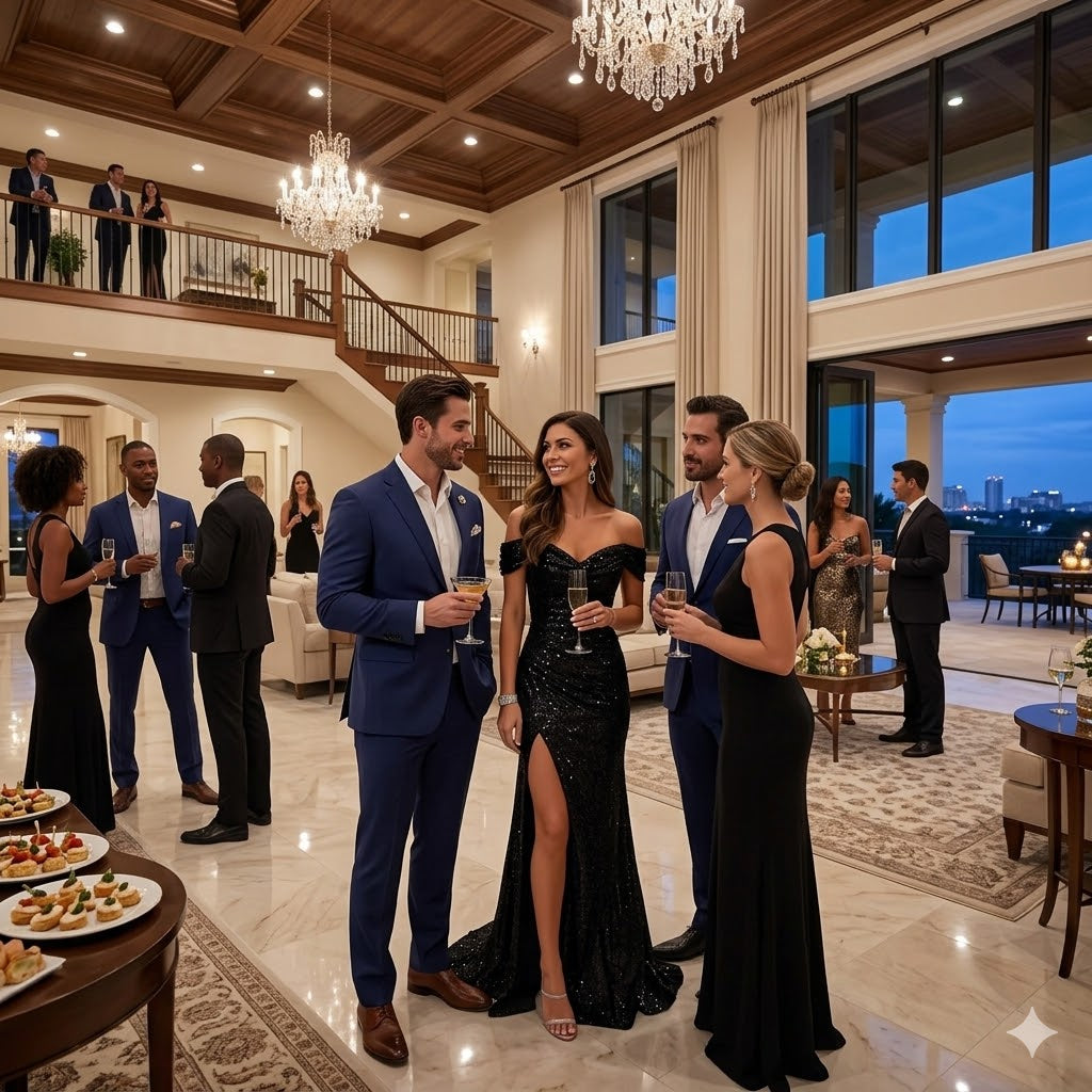 Black sequined off-neck split dress with sleeveless bodice and thigh-high slit.