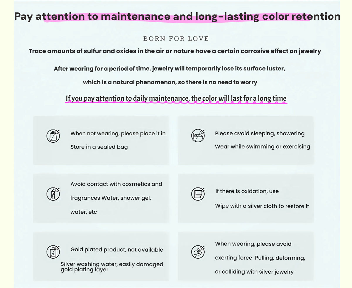 Jewelry care instruction graphic for long-lasting color retention with icons.