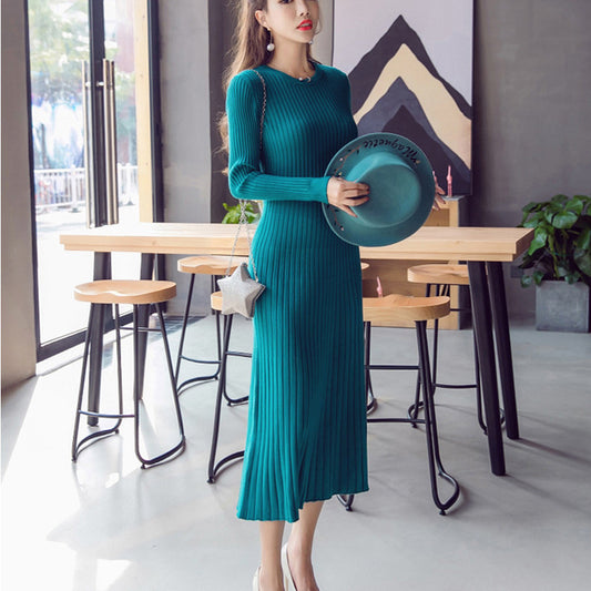 Round Neck Knitted Long Sleeve A- Line Dress