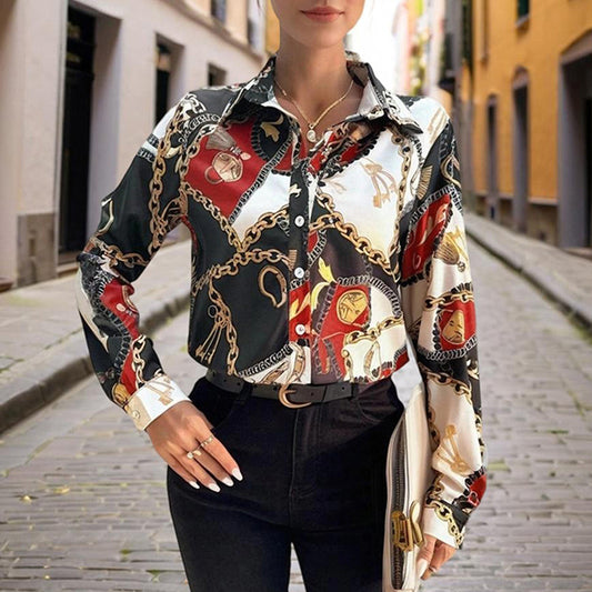 Women's Lapel Long Sleeve Shirt - Fitted Cut Intricate Print Button-Up Design Casual Wear