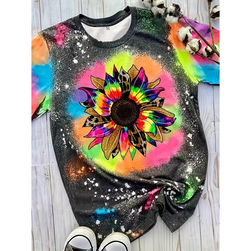 Women's Casual Short Sleeve Round Neck T-Shirt - Vibrant Sunflower & Geometric Print, Regular Fit Top