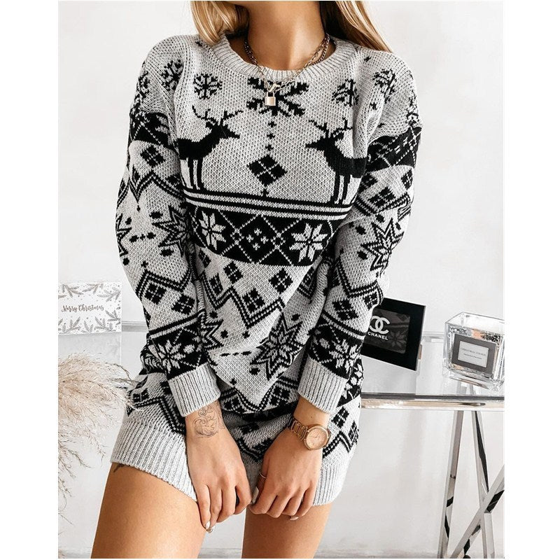 Elk Snowflake Christmas Jacquard Dress Long Knitted Sweaters