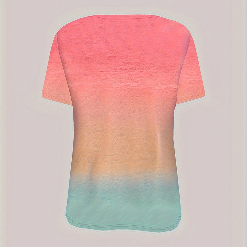 Women’s gradient crew neck T-shirt, short sleeves, pink top fading to aqua hem (back)