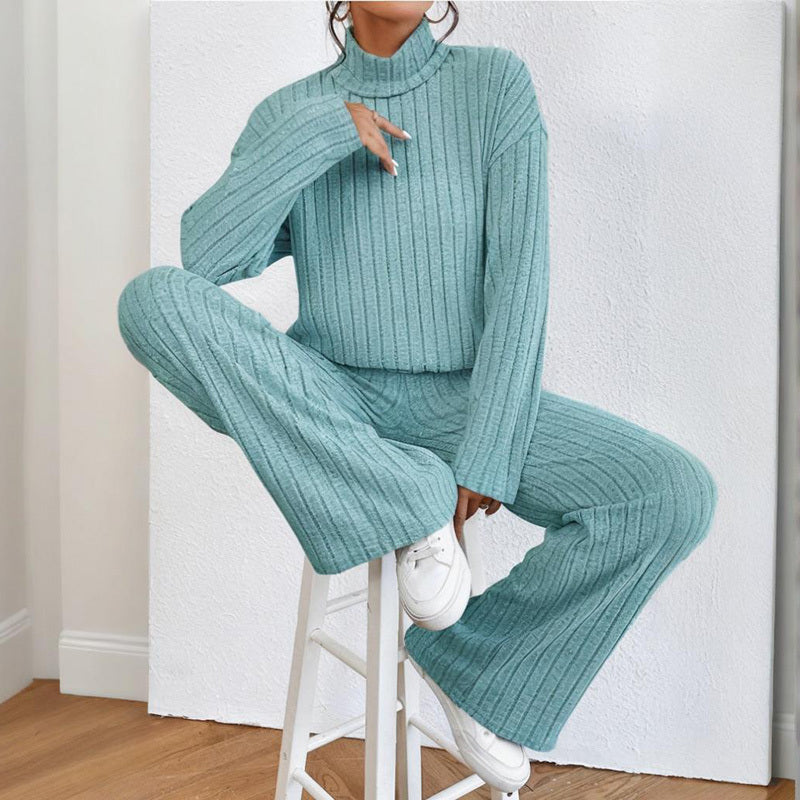 Women's Solid Color 2-Piece Set High Neck Long Sleeve Top & Pants, Striped Loungewear