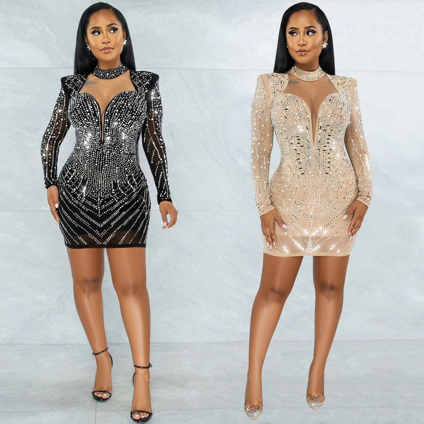 Sexy Deep V Nightclub Party Formal Dress Hot Drilling Mesh