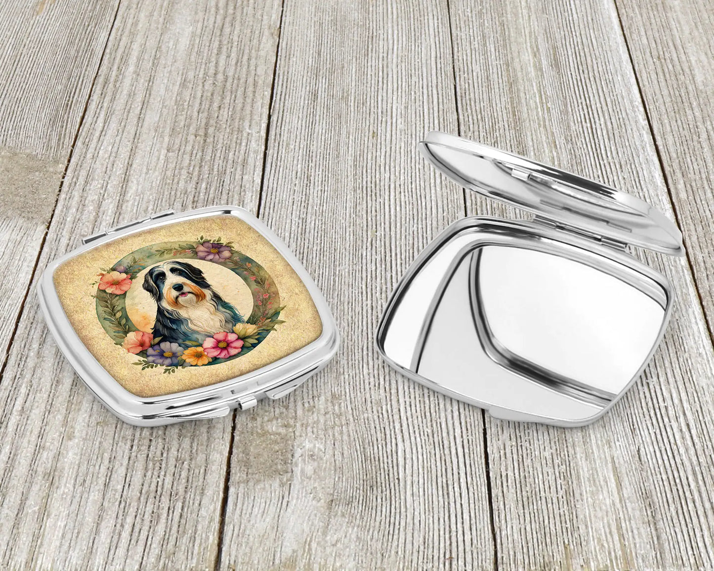 Bearded Collie and Flowers Compact Mirror