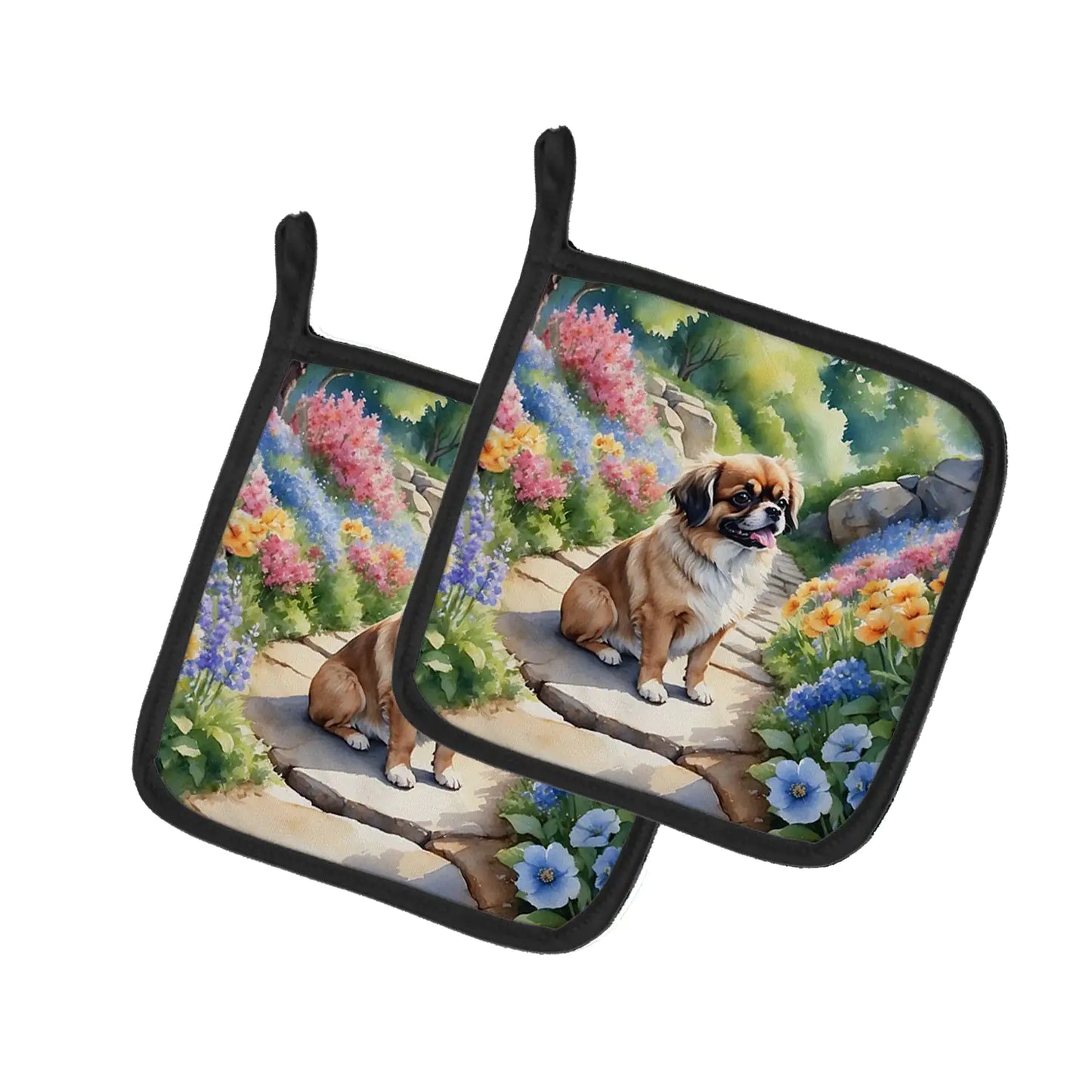 Tibetan Spaniel Spring Path Pair of Pot Holders