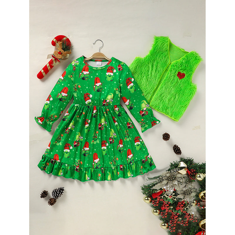 Toddler Kids Baby Girl Christmas Outfits, Long Sleeves Cartoon Prints Party Dress With Heart Print Vest Coat Set