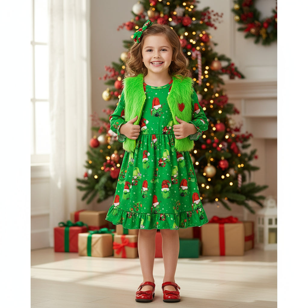 Toddler Kids Baby Girl Christmas Outfits, Long Sleeves Cartoon Prints Party Dress With Heart Print Vest Coat Set