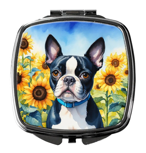 Boston Terrier in Sunflowers Compact Mirror