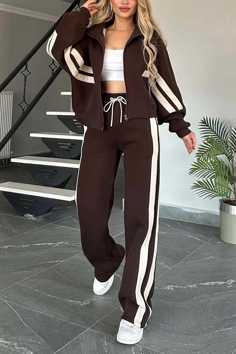 Striped Zip Top Jacket Casual Sports suit Women