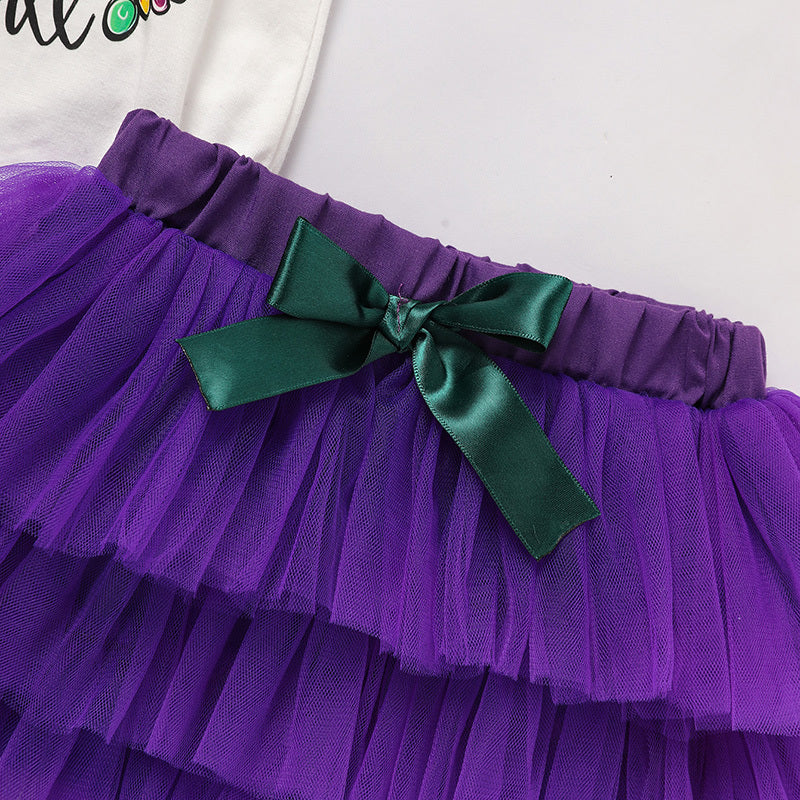 Baby Girls' Mardi Gras Outfit Set Ruffle Sleeve Letter Print Bodysuit, Mesh Tutu Skirt & Hairband
