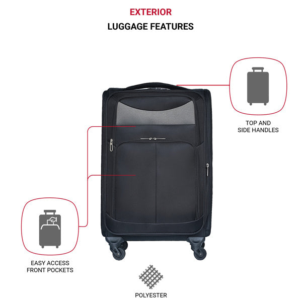 Black rolling suitcase with front pockets and top and side handles, four caster wheels.