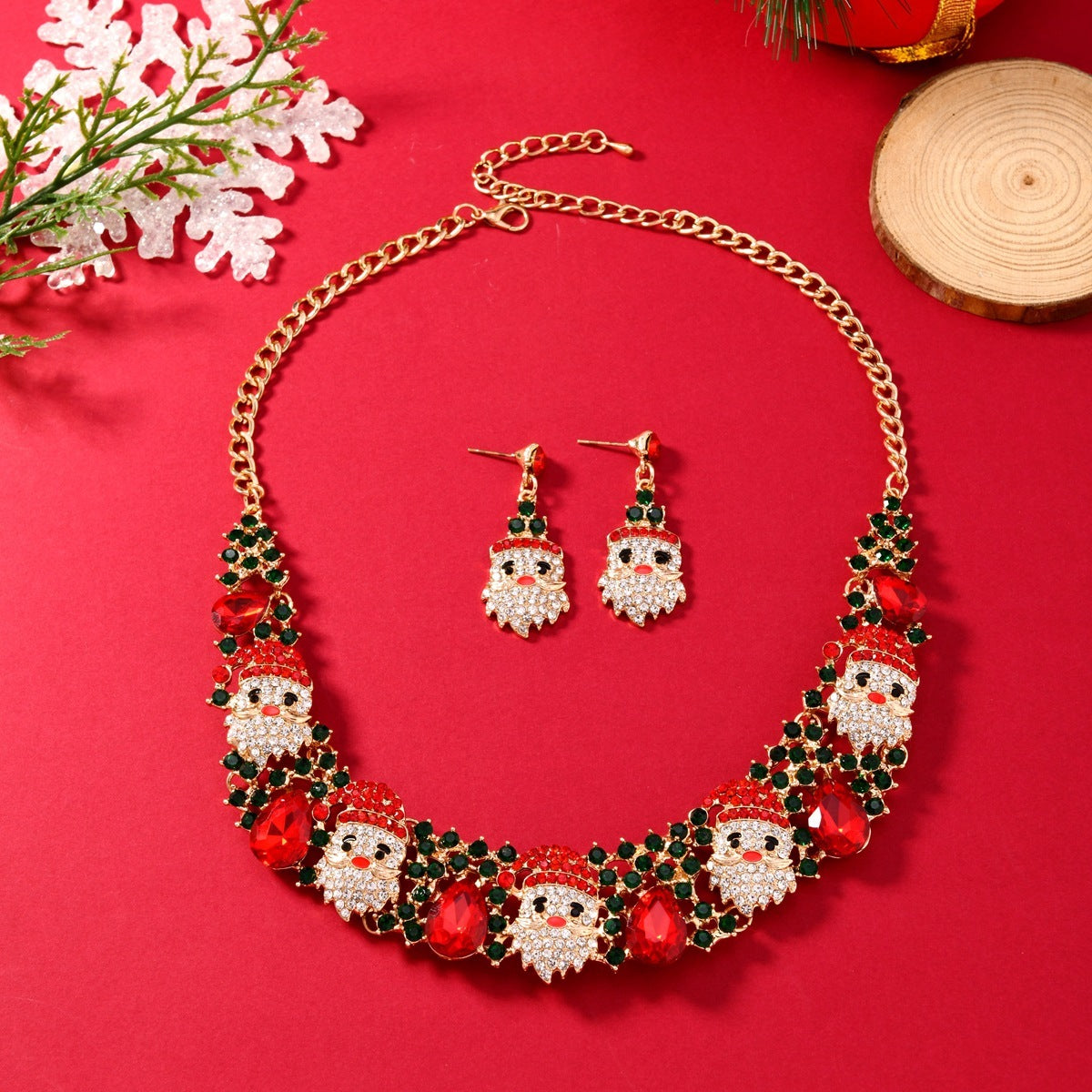 3pcs Christmas Set With Colored Rhinestones Ins Fashionable Shiny Santa Claus Necklace