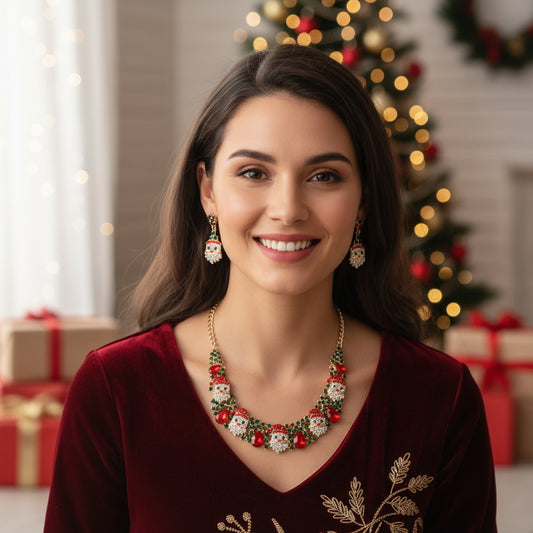 3pcs Christmas Set With Colored Rhinestones Ins Fashionable Shiny Santa Claus Necklace