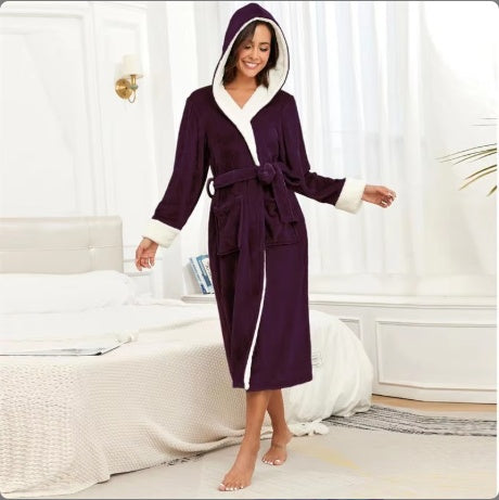 Plush Oversize Winter Soft Warm Long Flannel Bathrobe With Hooded Women Thick Night Fleece