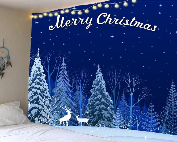 Christmas tapestry tablecloth with dark blue forest, stars, and 'Merry Christmas' text