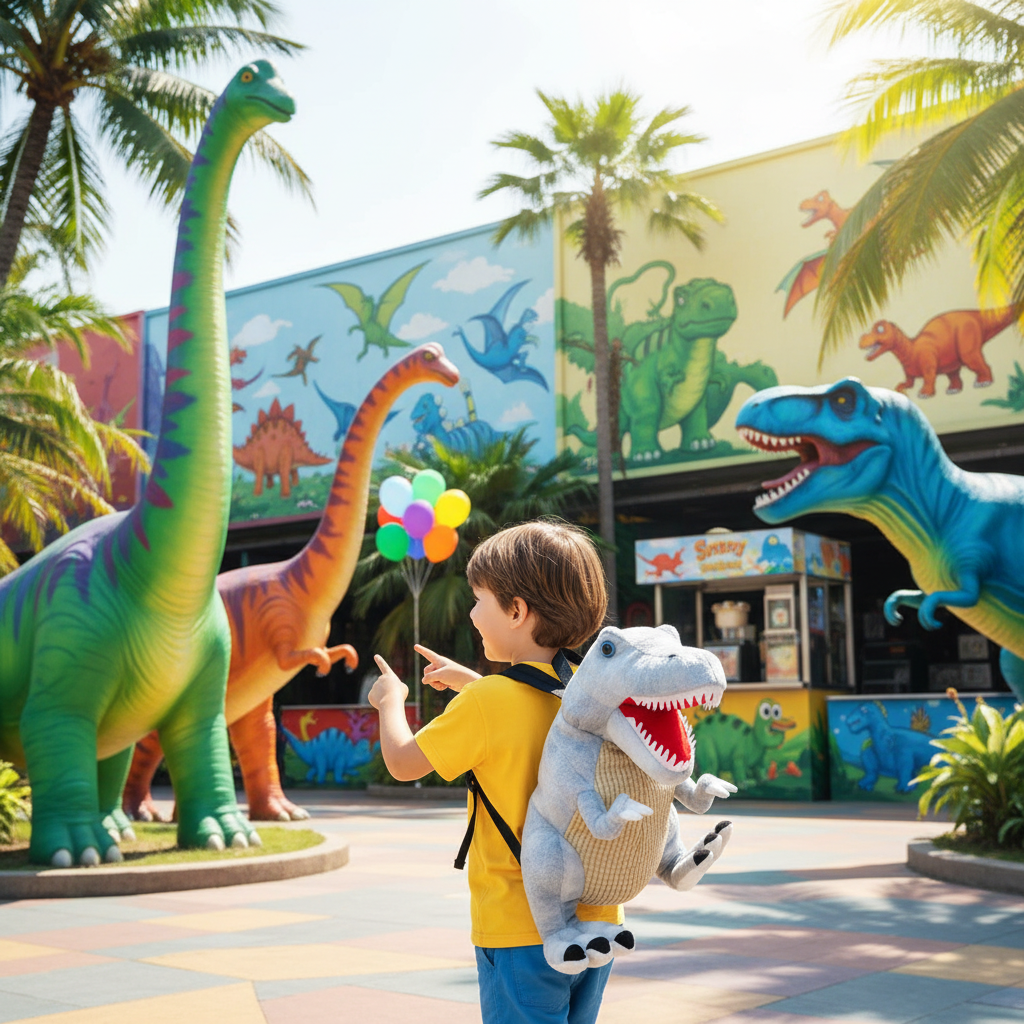 Plush dinosaur simulation backpack with gray plush dinosaur face pocket and shoulder straps