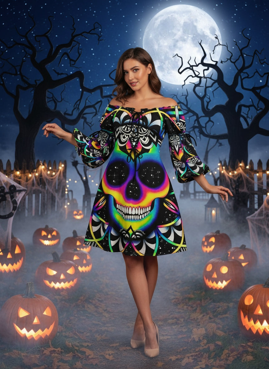 Halloween Print Drawstring Dress With Puffy Sleeves