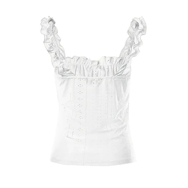 Women's Cute Sleeveless Tank Tops Frill Trim Strap Tie Knot Square Neck Eyelet Blouse