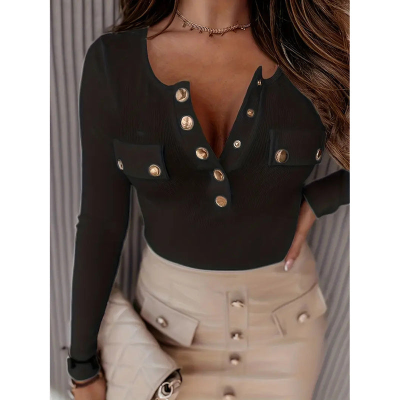 Women's Long Sleeves Ribbed Knit Tunic Shirts Scoop Neck Button-Up Tops Slim Fit Blouses