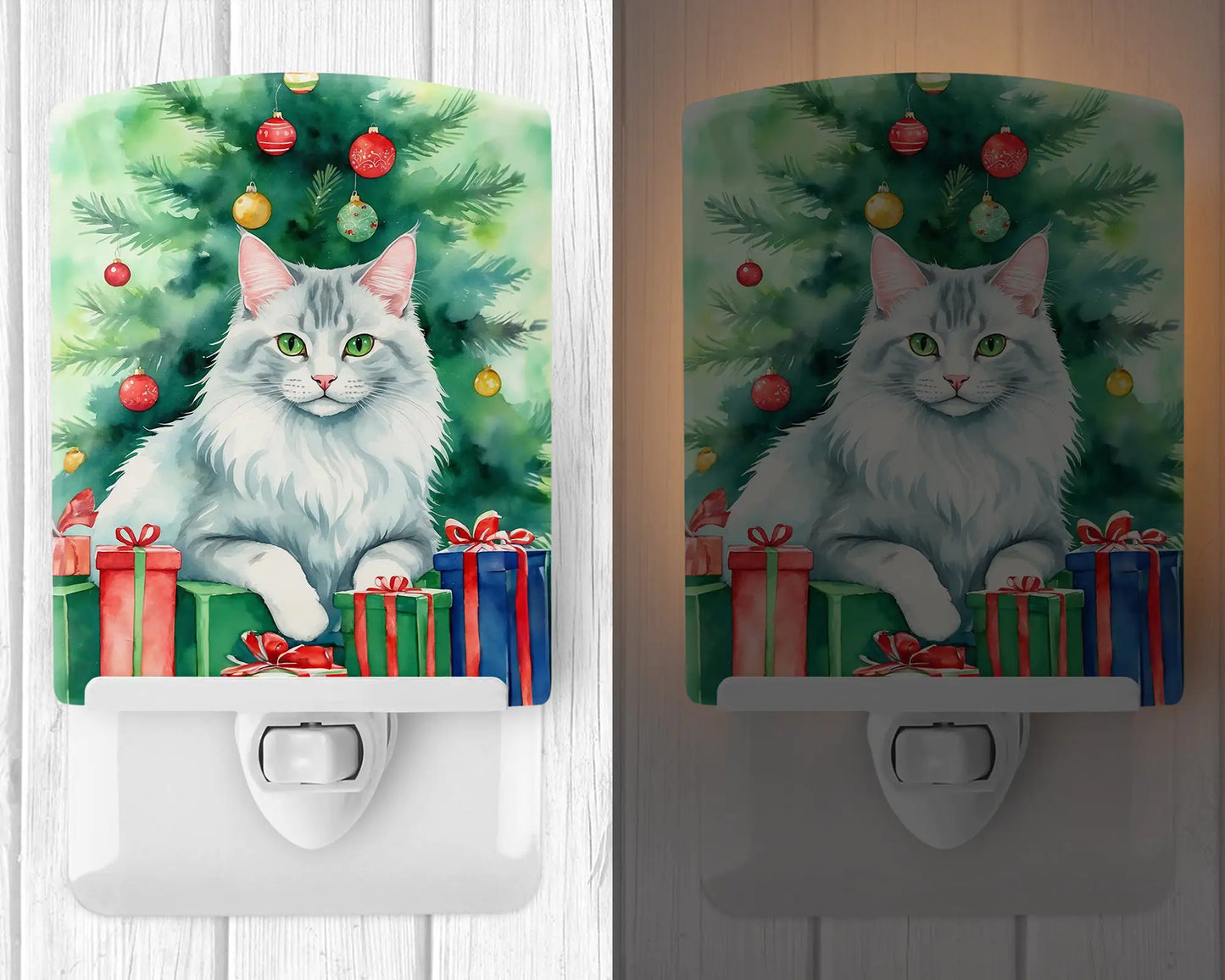 Turkish Angora Cat By the Christmas Tree Ceramic Night Light