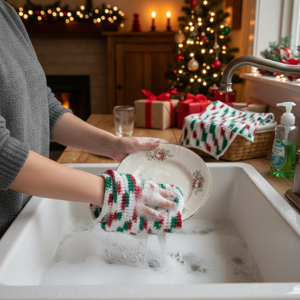 Handmade cotton dish cloth with red and green striped pattern, in use with plate
