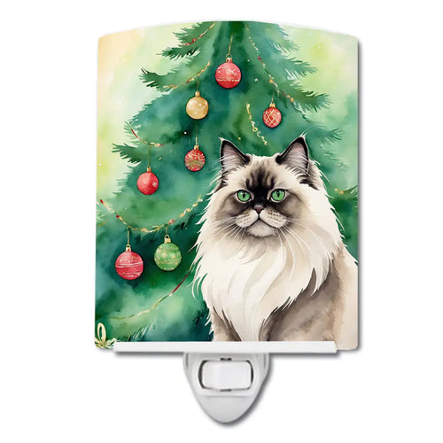 Colorpoint Longhair Cat By the Christmas Tree Ceramic Night Light