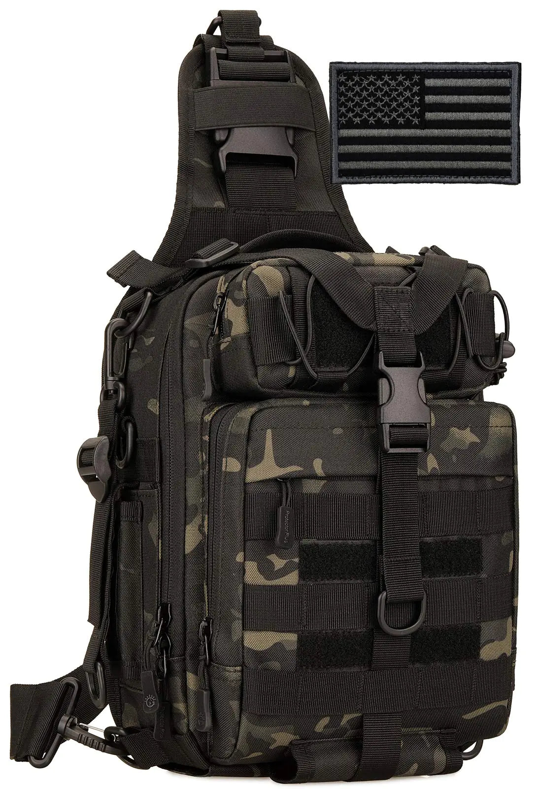 Protector Plus Tactical Sling Bag Military MOLLE Crossbody Pack Chest Shoulder Backpack EDC Diaper Satchel Motorcycle Bicycle Daypack (Patch Included) Black Camo