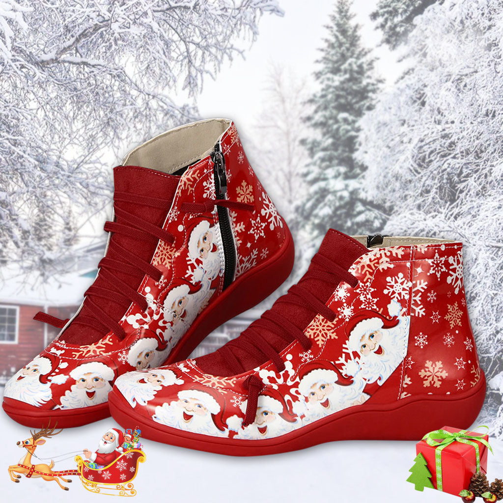 Christmas Ankle Women Santa Claus Snowflake Print Flats Shoes Casual Slip-on Side Zipper Design Short Boot
