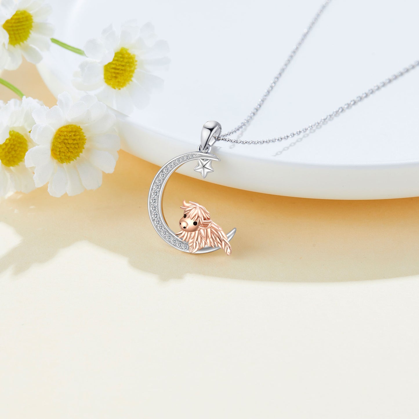 925 Sterling Silver Highland Cow Moon Necklace Gifts for Women