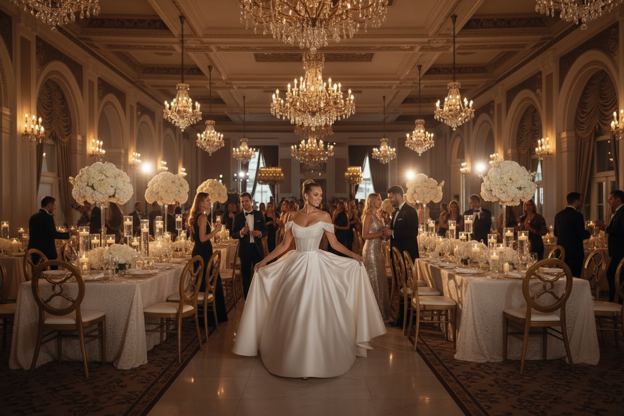 White off-shoulder A-line wedding dress with voluminous skirt and fitted corset-style bodice